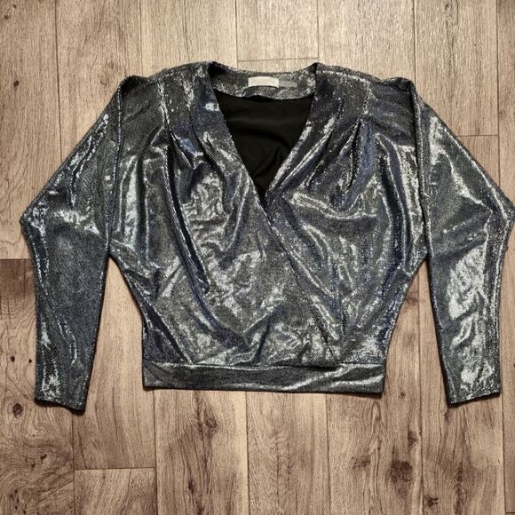 Ramy Brook Esther Silver Metallic Wrap Top Size M - Picture 6 of 12